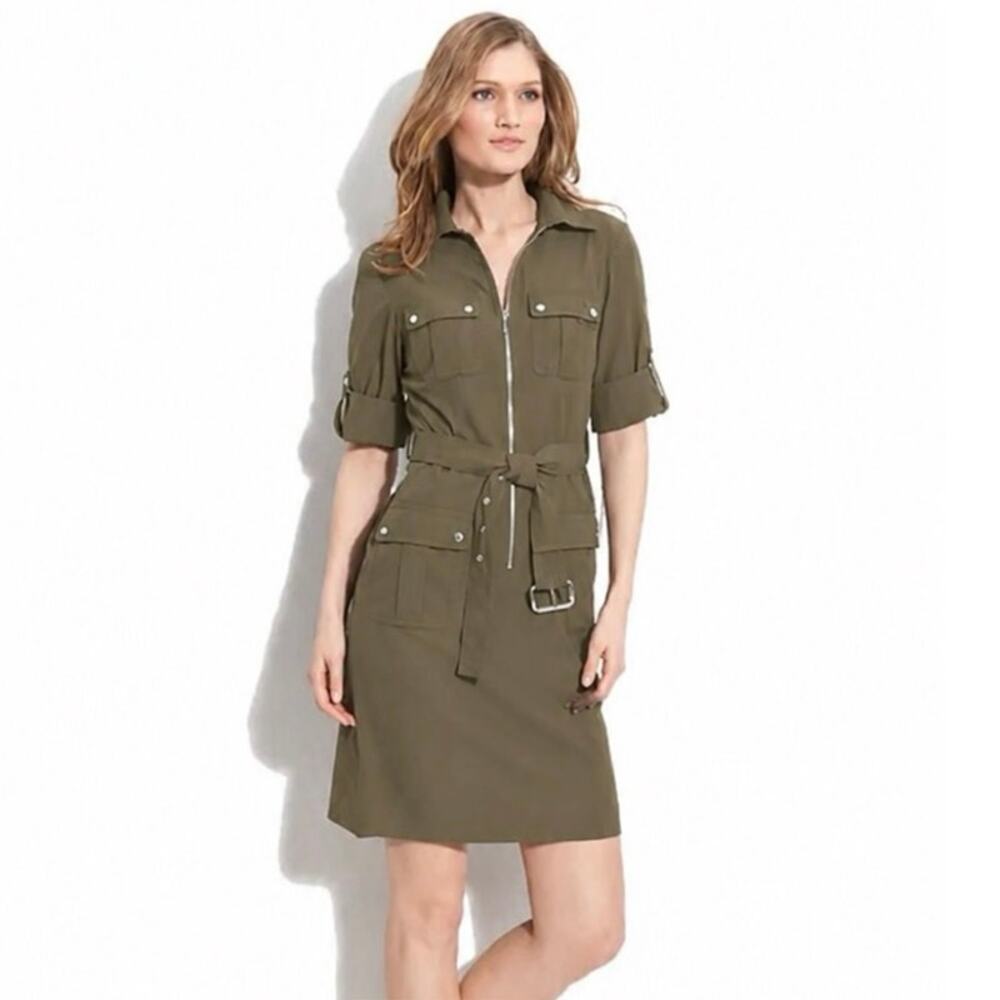 Michael Michael Kors Olive Utility Shirt Dress Belted Zip Front Size Large